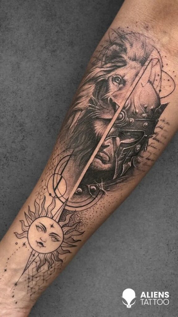 Realism and Geometric Lion and Viking Tattoo | Sky Rye Design