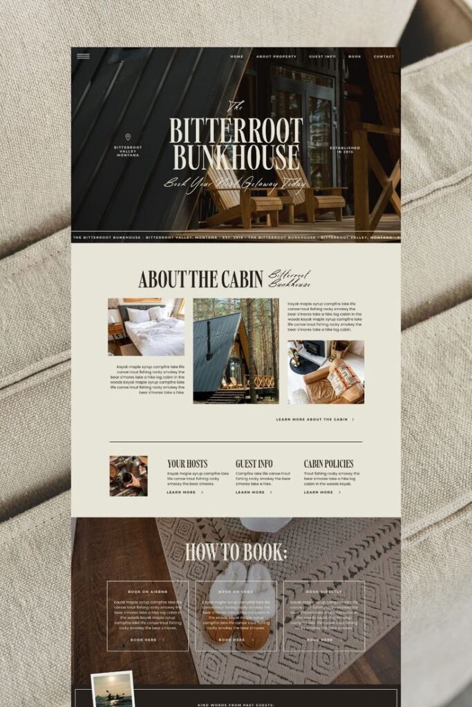Website homepage for Bitterroot Bunkhouse, featuring booking info, cabin details, and guest facilities in Montana.