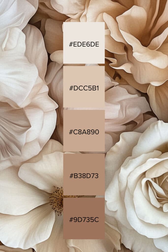 Elegant floral background with a beige and brown color palette, featuring hex codes #EDE6DE, #DCC5B1, #C8A890.