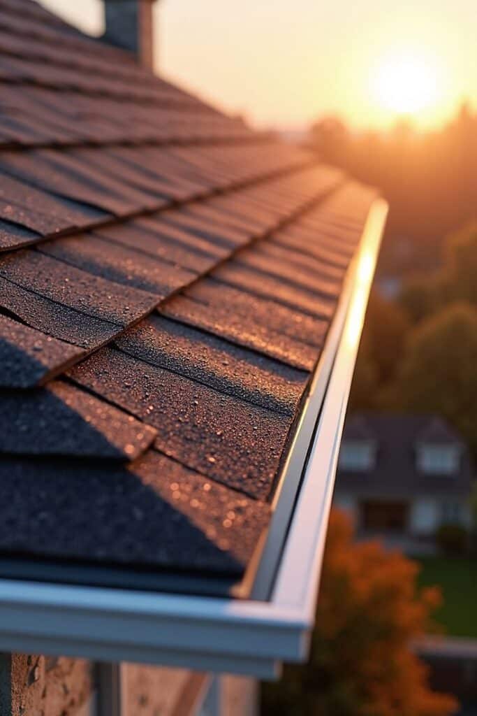 Sunlit roof with dewdrops on shingles, house in background, early morning light.