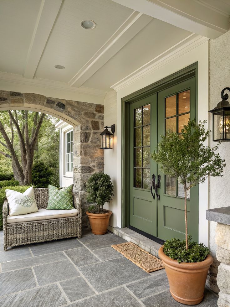 Charming stone porch with green double doors, cozy wicker bench, and potted plants for a welcoming outdoor retreat.