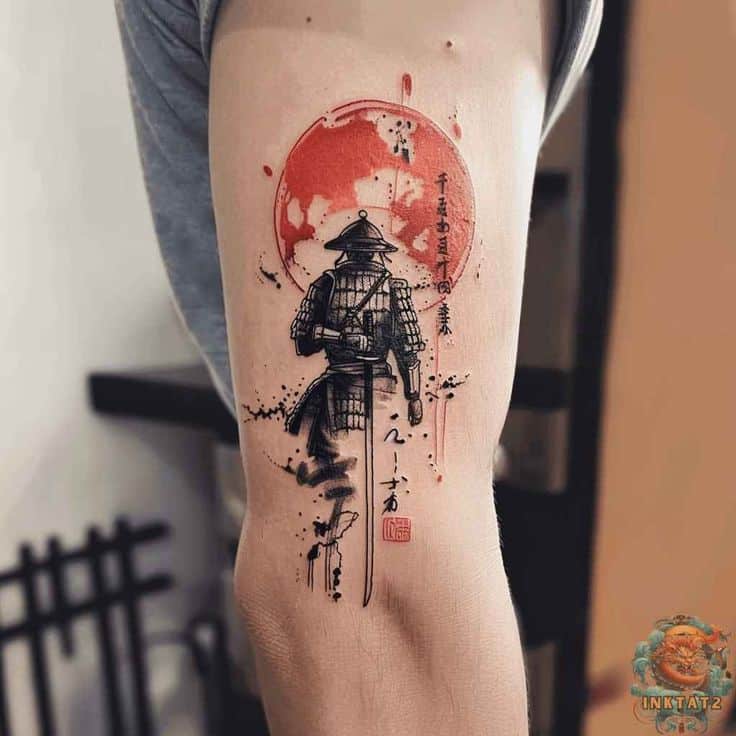 Tattoo of a samurai with red sun background on arm, featuring Japanese calligraphy, blending traditional and modern styles.