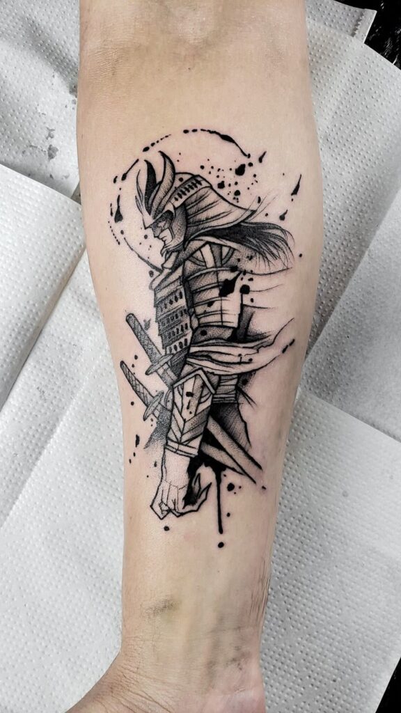 Intricate samurai tattoo design on forearm, featuring armor and swords, with dynamic ink splatter effect.