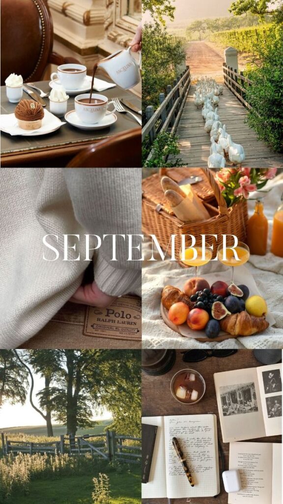 Cozy September collage: hot chocolate, geese, sweater, bread, fruits, countryside, writing materials.