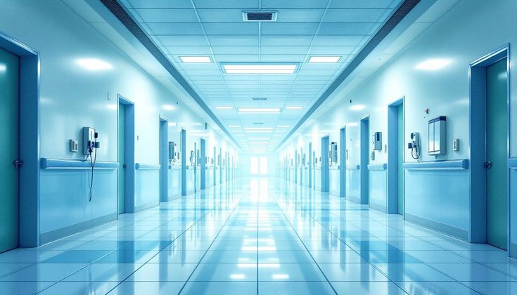 Modern hospital corridor with bright lighting and blue tones, featuring doors and medical equipment along the walls.