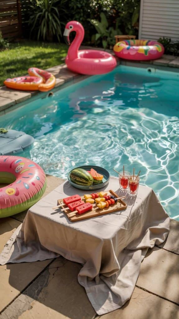 Summer poolside scene with inflatables and refreshments on a table, ideal for relaxation and outdoor fun.