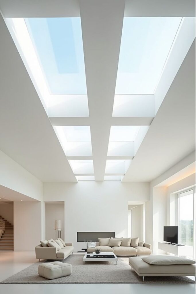 Modern living room with minimalist furniture, large skylights, and neutral tones creating a bright, airy atmosphere.
