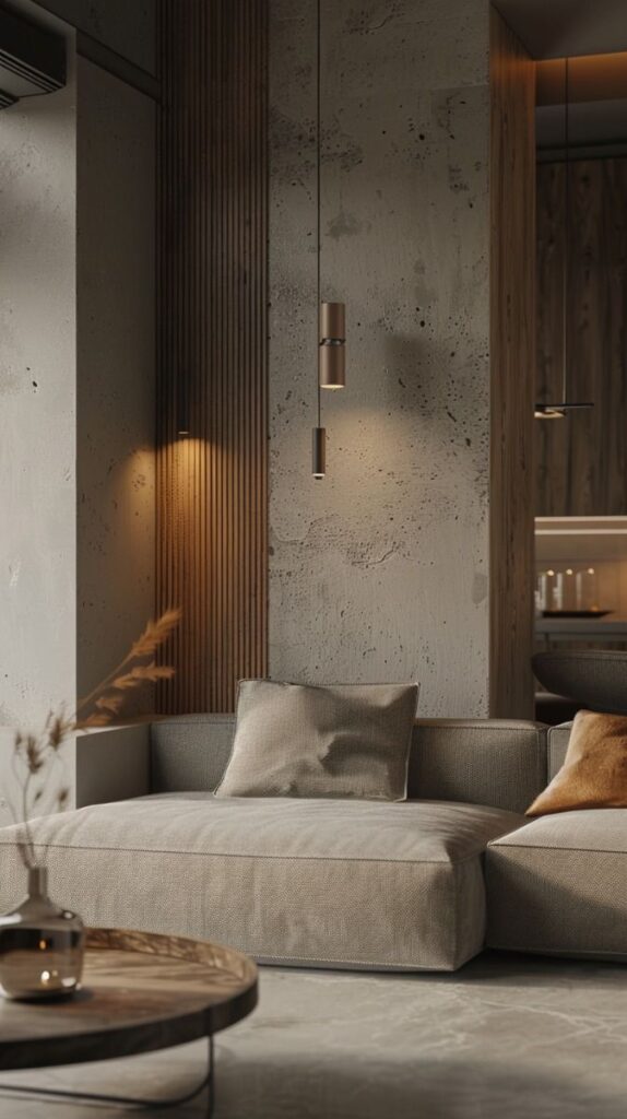 Modern living room with gray sectional sofa, textured walls, pendant lighting, and a round wooden coffee table.