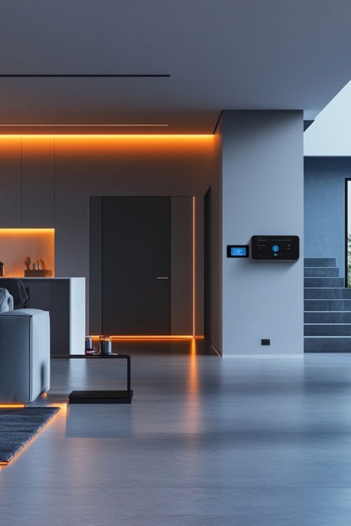 Modern smart home interior with ambient lighting, sleek furniture, and digital control panel on the wall.
