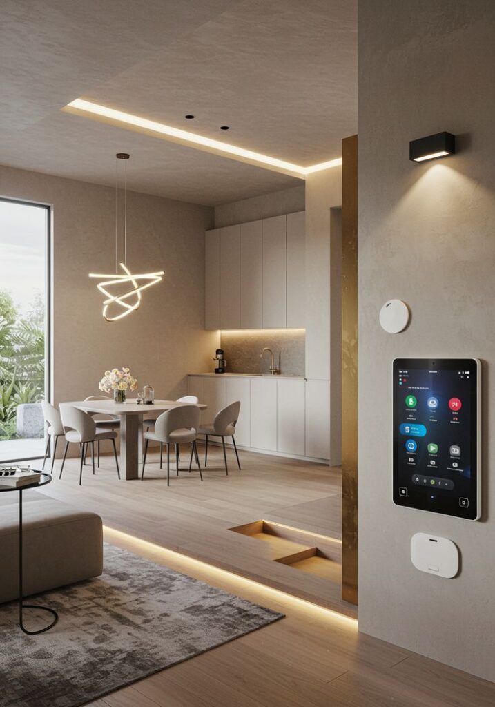Modern smart apartment interior with sleek kitchen, dining area, and ambient lighting near control panel.