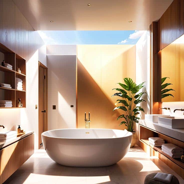 Soaking Tub Goals - Matte White Tub_ Golden Hour Renovation Luxurious modern bathroom with elegant freestanding tub, wood accents, skylight, and lush indoor plant. | Sky Rye Design Luxurious modern bathroom with elegant freestanding tub, wood accents, skylight, and lush indoor plant.