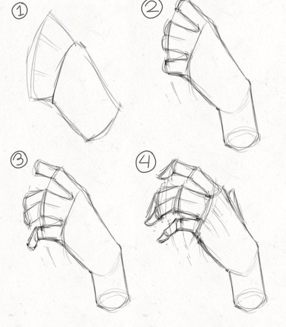 Step-by-step hand drawing tutorial, showing four stages of sketching a closed fist from basic shapes to detailed outline.