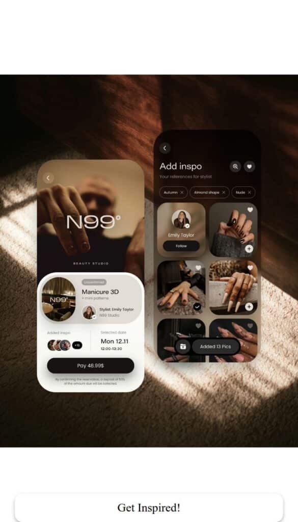 Nail design app interface showcasing manicure booking and inspiration gallery with stylist Emily Taylor and autumn themes.