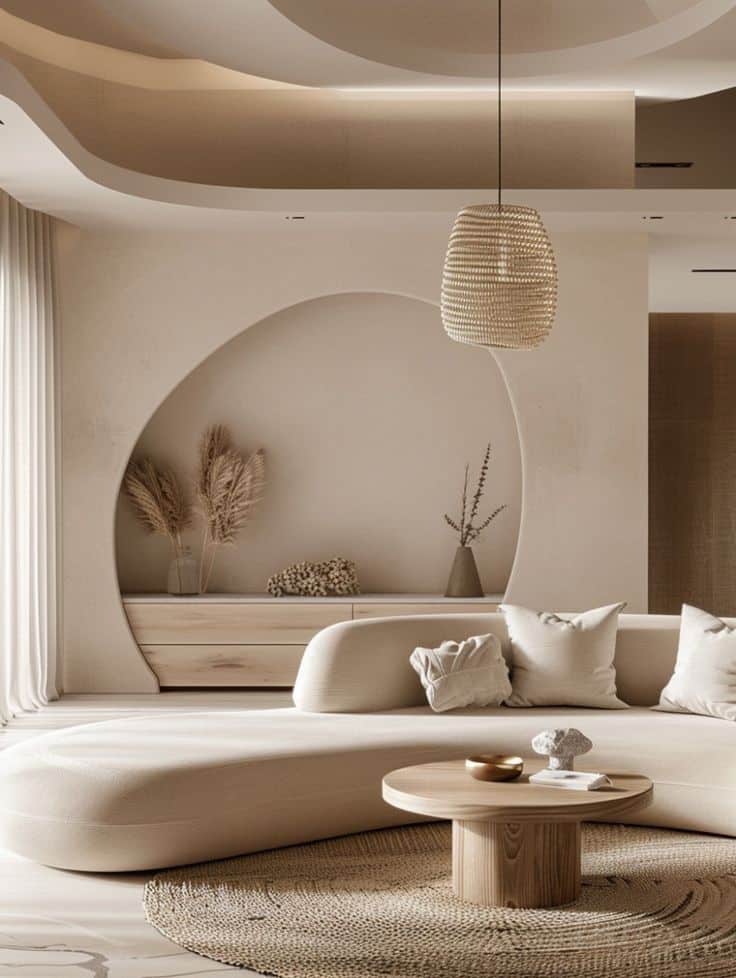 Minimalist living room with beige decor, curved sofa, round table, and natural light for a cozy modern atmosphere.