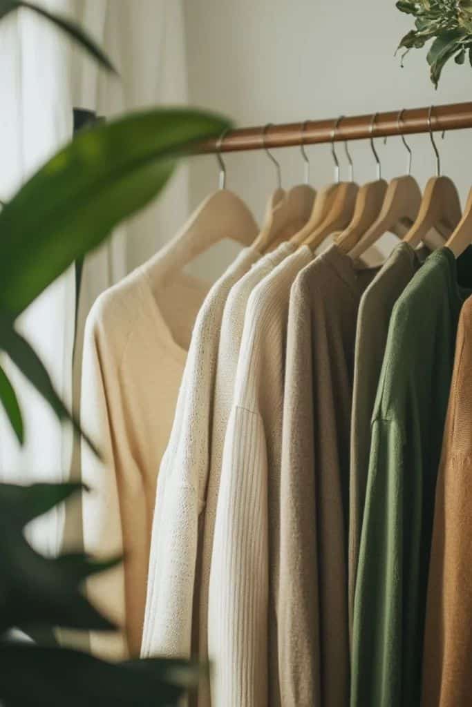 Neutral and green cozy sweaters hanging on a wooden rack in a bright, plant-filled room.