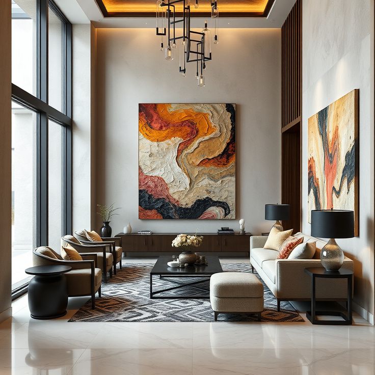 Modern living room with abstract art, elegant furniture, and large windows for natural light.