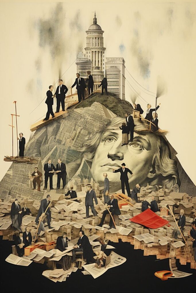 Surreal artwork of businessmen building a mountain of paper with a cityscape atop and a giant face emerging.