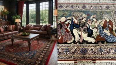 Luxurious living room with Persian rug and ornate tapestry, combining elegance and artistic detail.