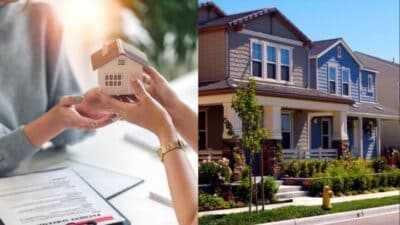 Hands exchanging a house model beside a row of suburban homes, symbolizing real estate transactions.