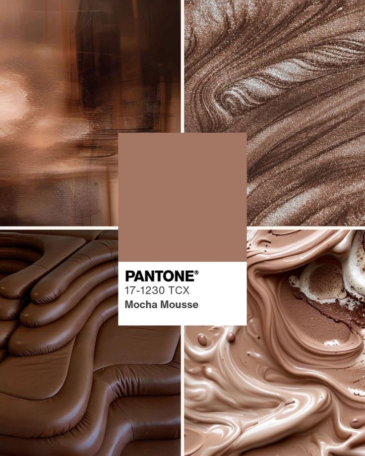 Collage showcasing Pantone 17-1230 TCX Mocha Mousse, with smooth, rich brown textures and swirls.