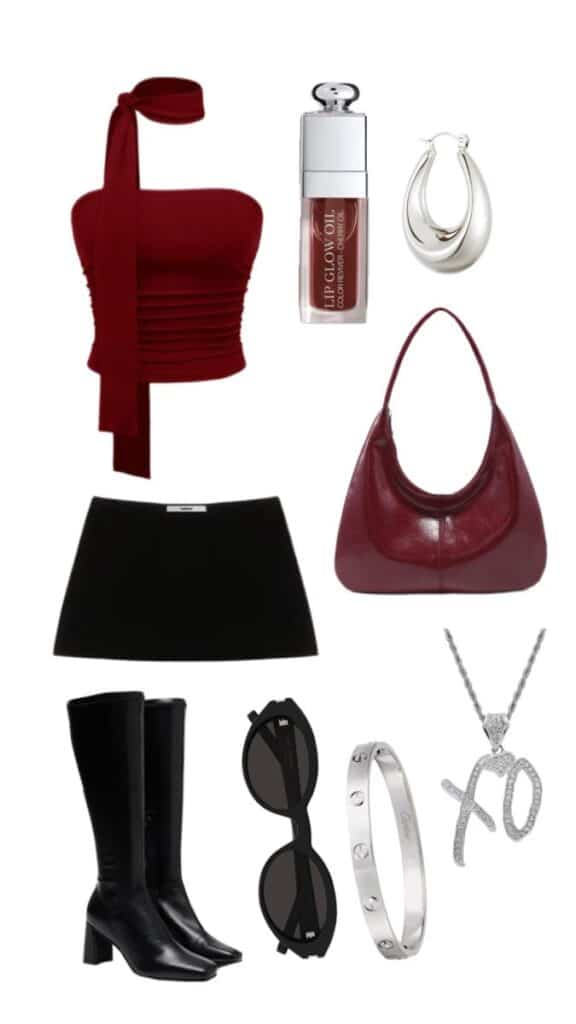 Chic outfit flatlay with burgundy top, mini skirt, boots, bag, bracelet, necklace, sunglasses, hoop earrings, and lip oil.