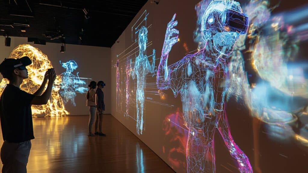 People exploring augmented reality installations with VR headsets in an immersive exhibit space.
