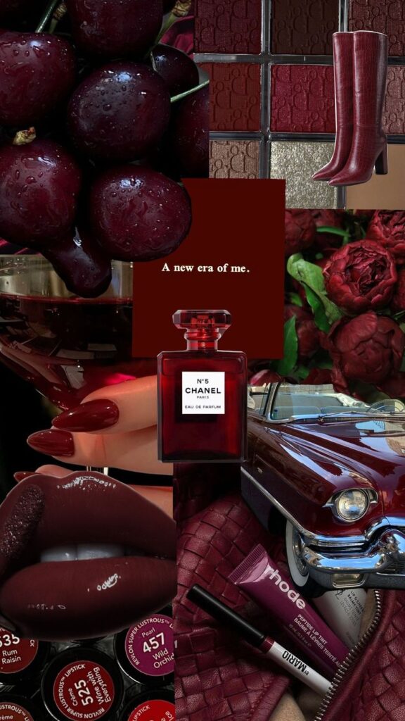Rich burgundy aesthetic collage with perfume, cherries, lipstick, and vintage elements for a luxurious vibe.