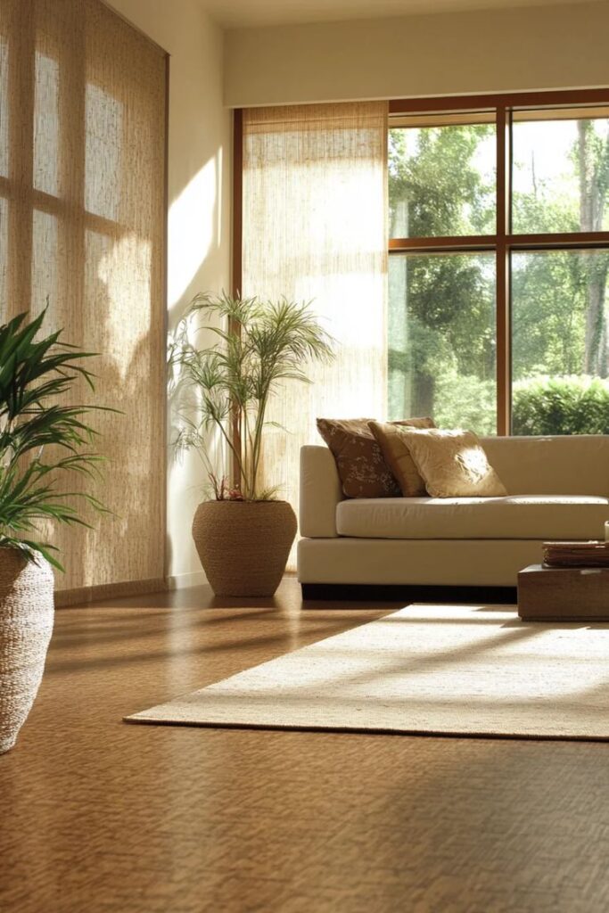 Modern living room with large windows, potted plants, and a cozy beige sofa, creating a warm, inviting atmosphere.