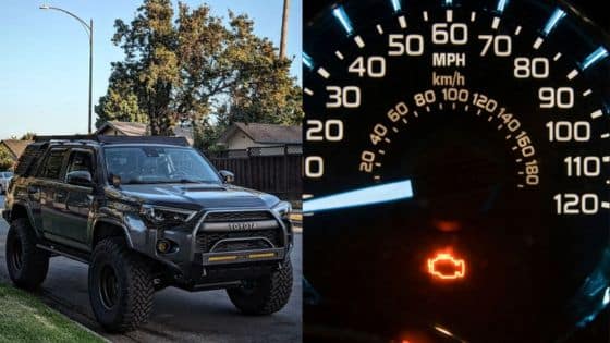 Toyota Check Engine Light Fix Lifted SUV parked on street; speedometer showing check engine light illuminated. | Sky Rye Design Lifted SUV parked on street; speedometer showing check engine light illuminated.