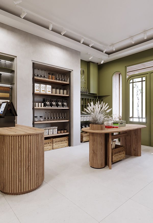 Modern store interior with wooden counters, shelves displaying products, and green accents for natural ambiance. interior