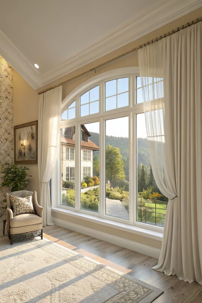 Luxurious sunlit room with large arched window, elegant curtains, and scenic outdoor view of greenery and a house.