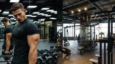 Man lifting weights at modern gym with various exercise equipment.
