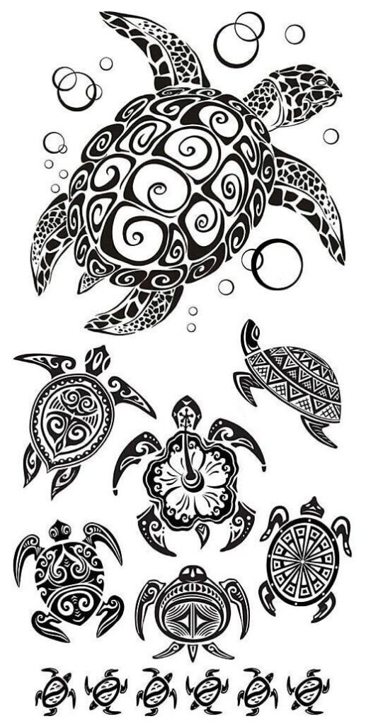 Tribal turtle designs and patterns with unique geometric and spiral motifs, black and white illustration.
