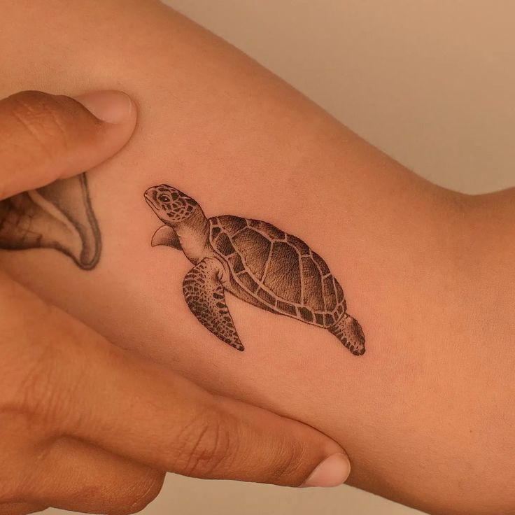 Close-up of a small, detailed sea turtle tattoo on an arm, with a hand gently touching the skin.