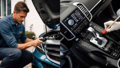Mechanic inspecting car engine; detailed view of gear shift being cleaned inside vehicle.