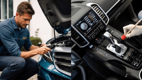 Viewing Deck Blog 1 Mechanic inspecting car engine; detailed view of gear shift being cleaned inside vehicle. | Sky Rye Design Mechanic inspecting car engine; detailed view of gear shift being cleaned inside vehicle.