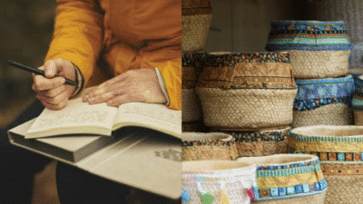 Person writing in notebook; colorful woven baskets displayed.
