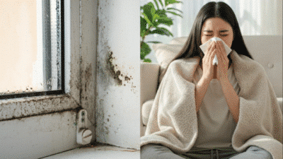 Moldy window and woman with allergies sneezing indoors due to poor air quality.