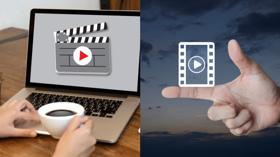 Person with coffee using laptop for video editing; hand gesture symbolizing video creation against a dark sky.