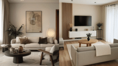 Modern living room interior with neutral tones, elegant sofas, and minimalist decor, featuring cozy and stylish furnishings.