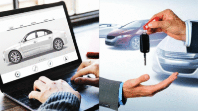 Online car shopping on laptop and receiving car keys, symbolizing digital vehicle purchase and handover process.