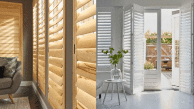Wood and white plantation shutters: cozy room with sunlight; modern living space with patio view.