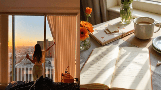 Viewing Deck Blog 2 Woman enjoying sunrise by apartment window; cozy morning with coffee, flowers, and journal on windowsill. | Sky Rye Design Woman enjoying sunrise by apartment window; cozy morning with coffee, flowers, and journal on windowsill.