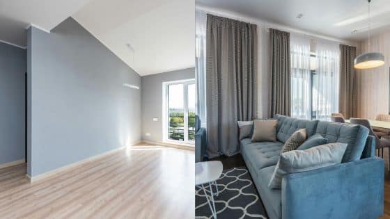 Viewing Deck Blog - 2025-07-23T201857126 Empty room next to a furnished living room with a blue sofa, patterned curtains, and a modern chandelier. | Sky Rye Design Empty room next to a furnished living room with a blue sofa, patterned curtains, and a modern chandelier.