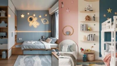 Space-themed children's bedroom with astronaut decor, star lights, cozy bed, bunk beds, and colorful shelves.