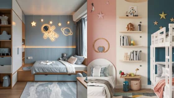 Viewing Deck Blog - 2025-07-23T221612191 Space-themed children's bedroom with astronaut decor, star lights, cozy bed, bunk beds, and colorful shelves. | Sky Rye Design Space-themed children's bedroom with astronaut decor, star lights, cozy bed, bunk beds, and colorful shelves.
