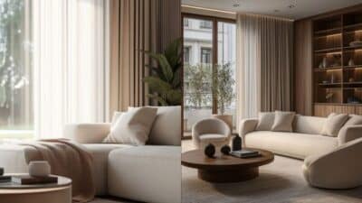 Modern living room with beige sofas, wooden coffee table, large windows, and elegant curtains for a cozy ambiance.