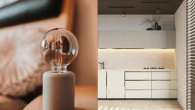 Modern living room bulb and minimalist kitchen design with neutral tones and sleek cabinetry.