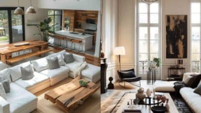 Modern minimalist living rooms with white sofas and natural wood accents. Cozy, elegant decor and large windows.