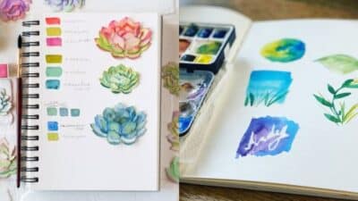 Open sketchbooks with watercolor paintings of succulents and abstract designs, alongside a paint palette.